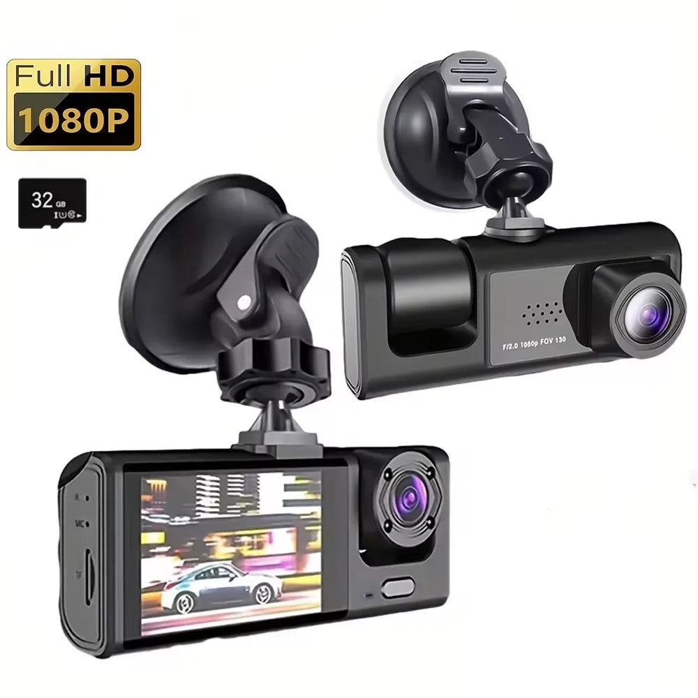1080P 3-Camera Dash Cam – Front, Interior & Rear DVR with IR Night Vision, 2" IPS Screen & Loop Recording