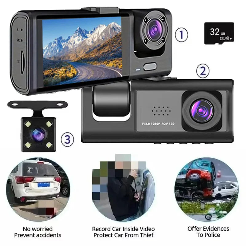 1080P 3-Camera Dash Cam – Front, Interior & Rear DVR with IR Night Vision, 2" IPS Screen & Loop Recording