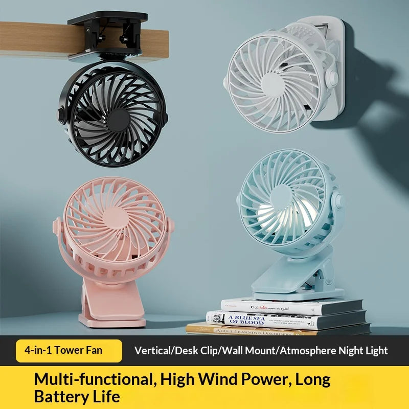 HOMEFISH Portable Rechargeable Clip Fan with LED Night Light – 720° Rotatable Hanging Cooling Fan