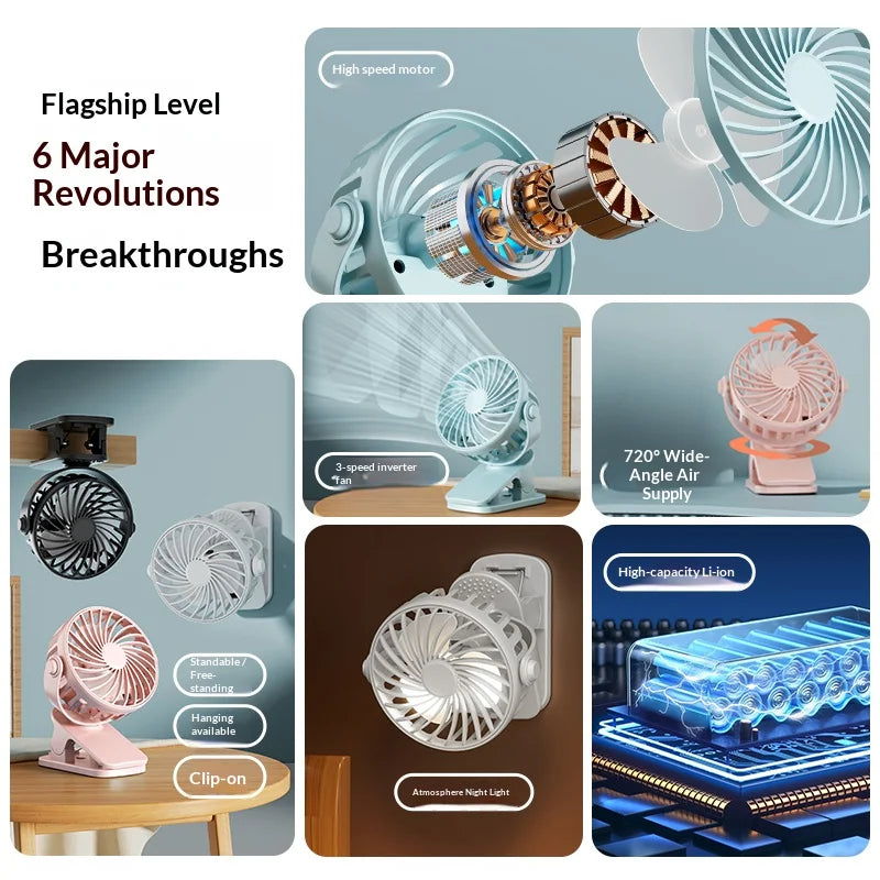 HOMEFISH Portable Rechargeable Clip Fan with LED Night Light – 720° Rotatable Hanging Cooling Fan