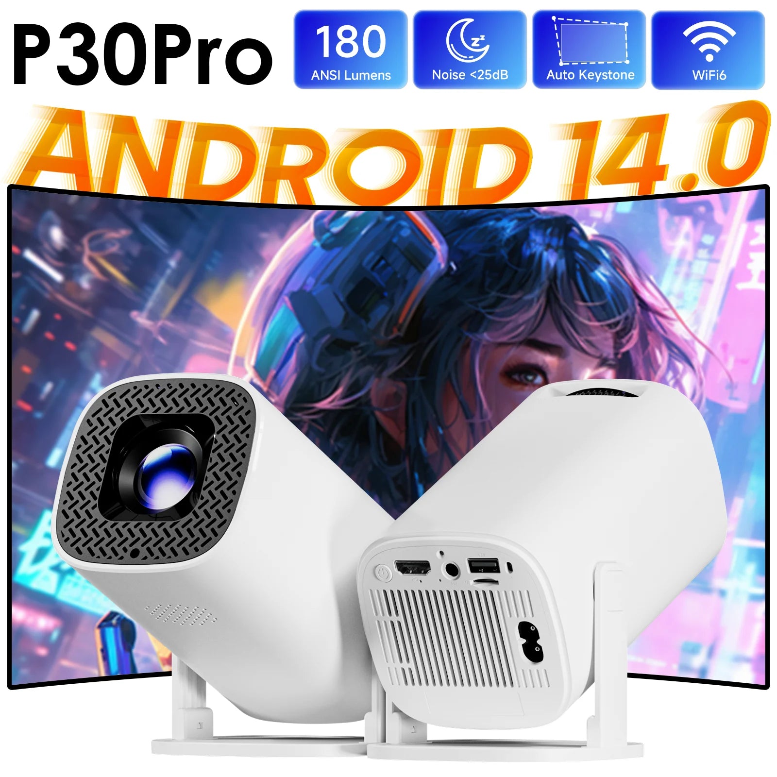 P30 Pro Android 14 Smart Mini Projector | Native 720P, 4K Support, WiFi 6, Bluetooth 5.0 & Screen Mirroring