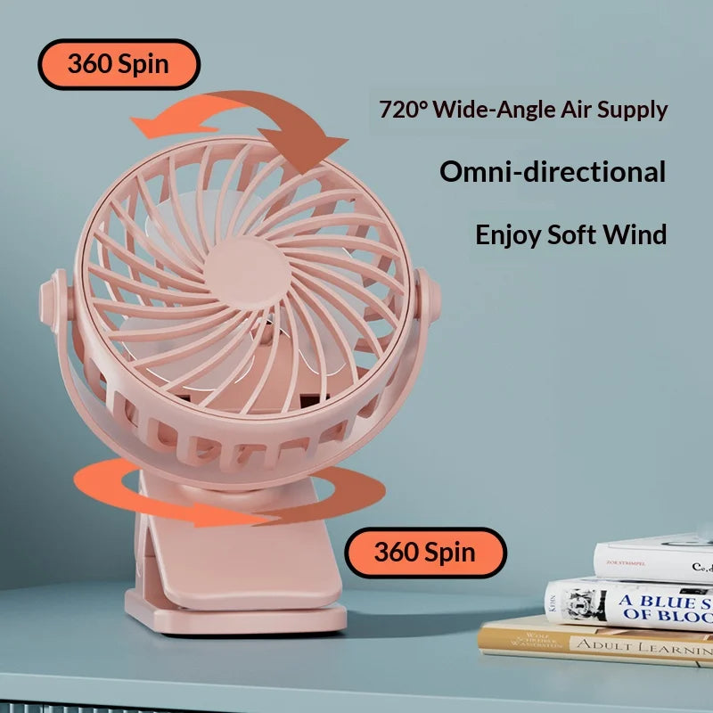 HOMEFISH Portable Rechargeable Clip Fan with LED Night Light – 720° Rotatable Hanging Cooling Fan