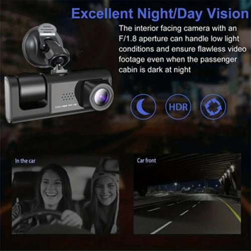1080P 3-Camera Dash Cam – Front, Interior & Rear DVR with IR Night Vision, 2" IPS Screen & Loop Recording
