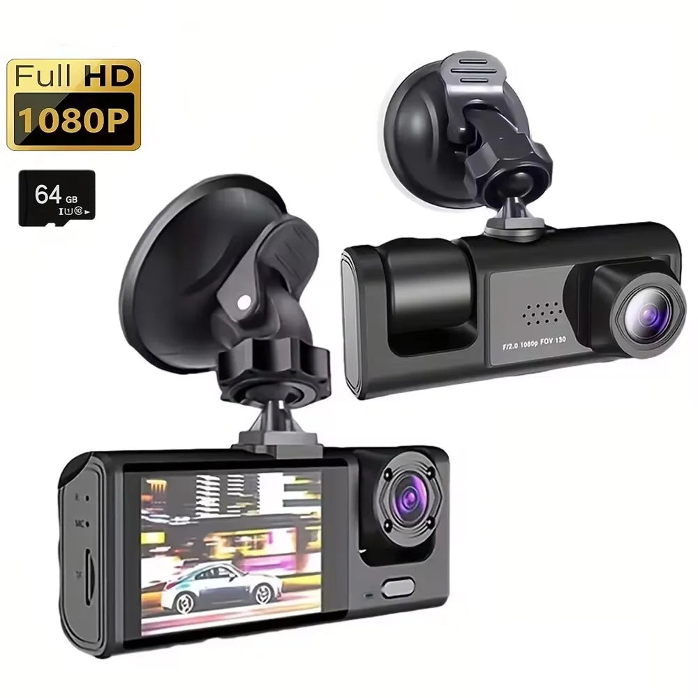 1080P 3-Camera Dash Cam – Front, Interior & Rear DVR with IR Night Vision, 2" IPS Screen & Loop Recording