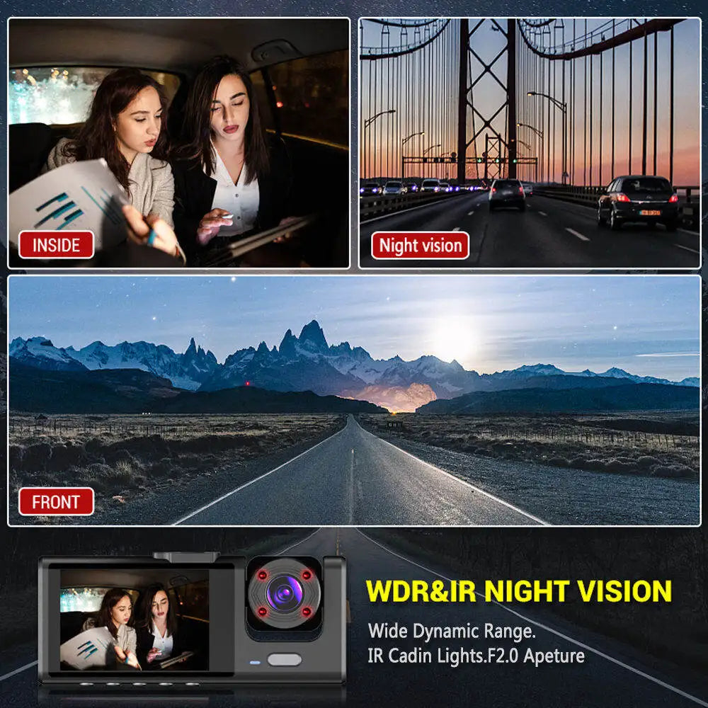 1080P 3-Camera Dash Cam – Front, Interior & Rear DVR with IR Night Vision, 2" IPS Screen & Loop Recording