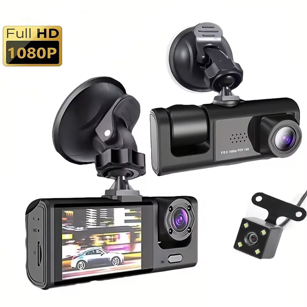 1080P 3-Camera Dash Cam – Front, Interior & Rear DVR with IR Night Vision, 2" IPS Screen & Loop Recording