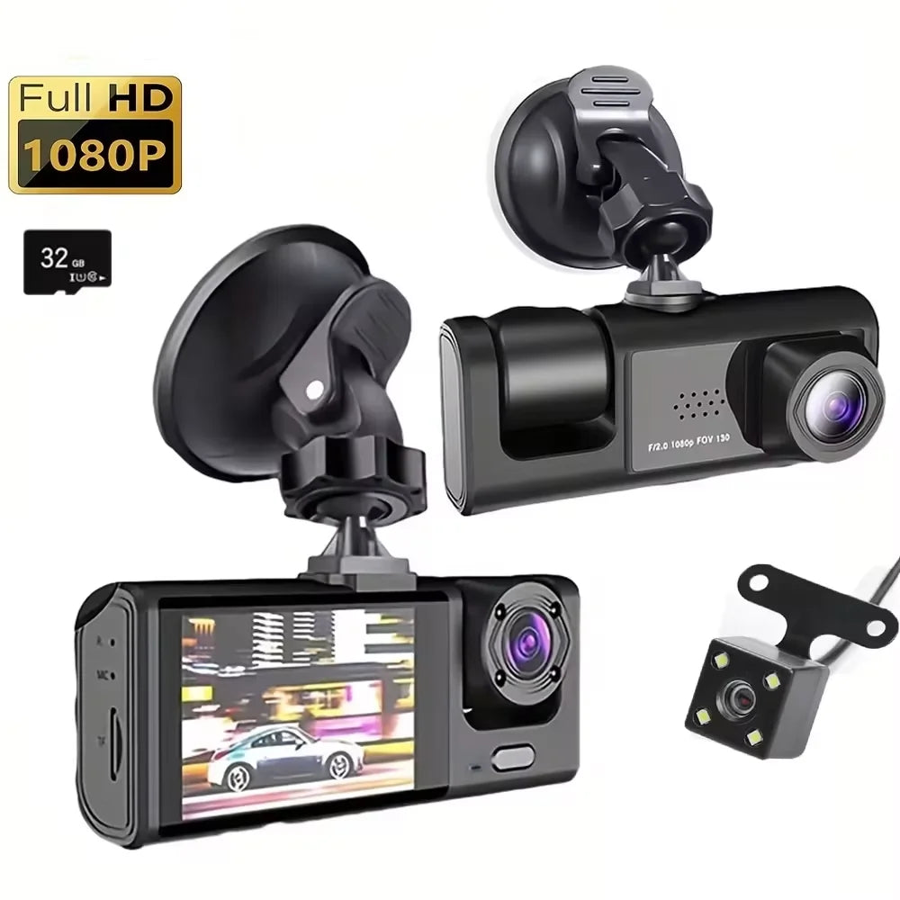 1080P 3-Camera Dash Cam – Front, Interior & Rear DVR with IR Night Vision, 2" IPS Screen & Loop Recording
