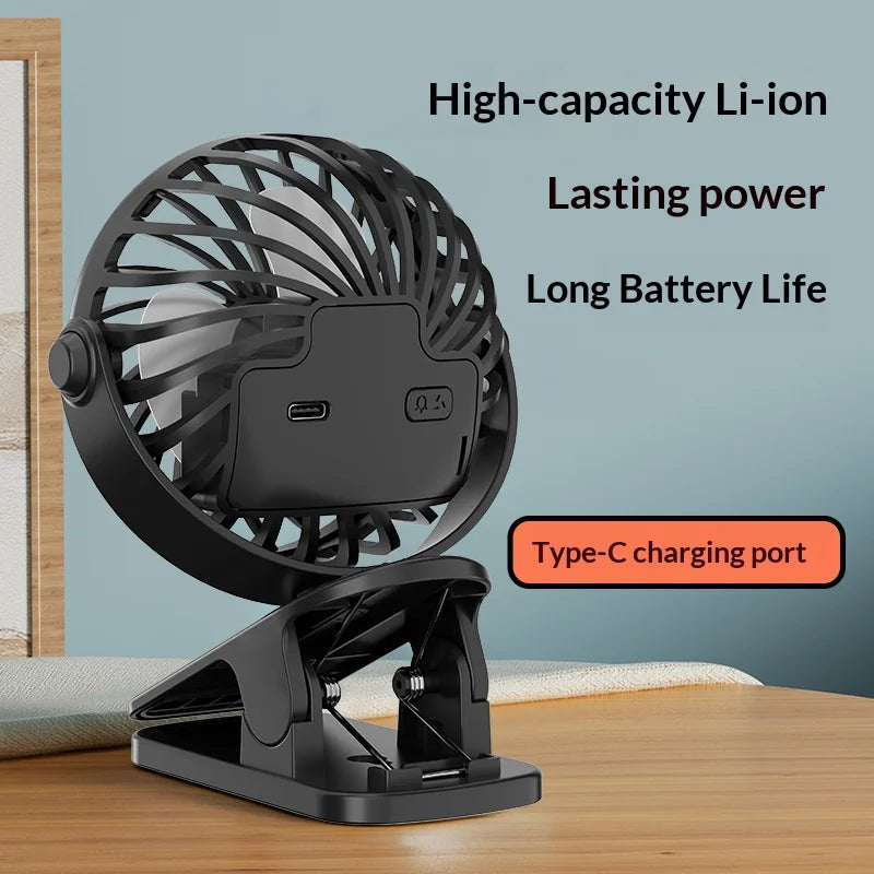 HOMEFISH Portable Rechargeable Clip Fan with LED Night Light – 720° Rotatable Hanging Cooling Fan
