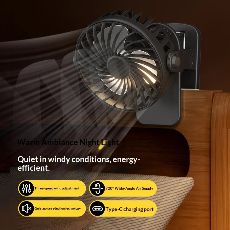 HOMEFISH Portable Rechargeable Clip Fan with LED Night Light – 720° Rotatable Hanging Cooling Fan