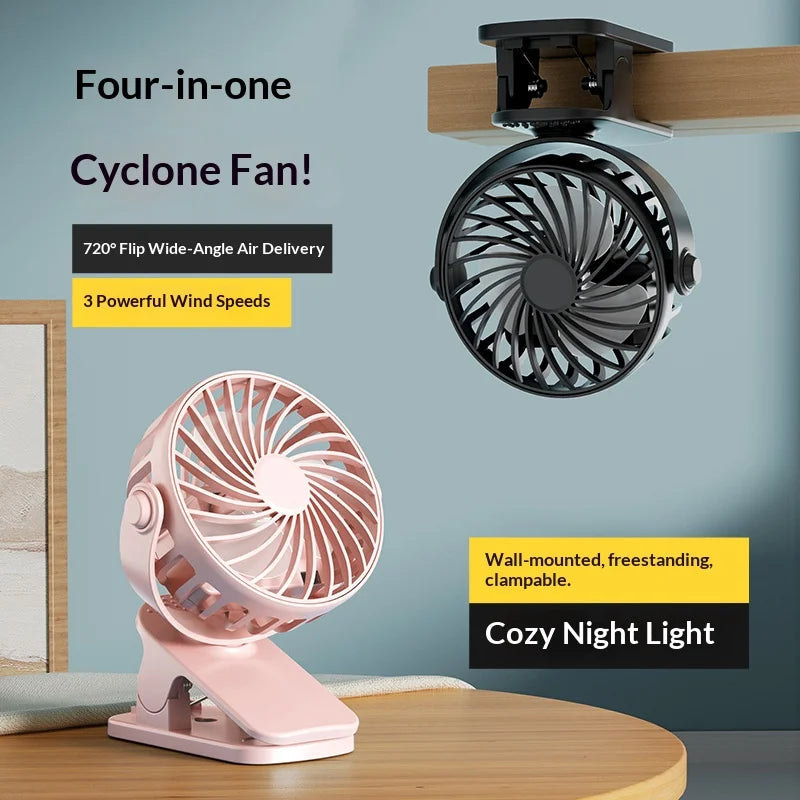 HOMEFISH Portable Rechargeable Clip Fan with LED Night Light – 720° Rotatable Hanging Cooling Fan