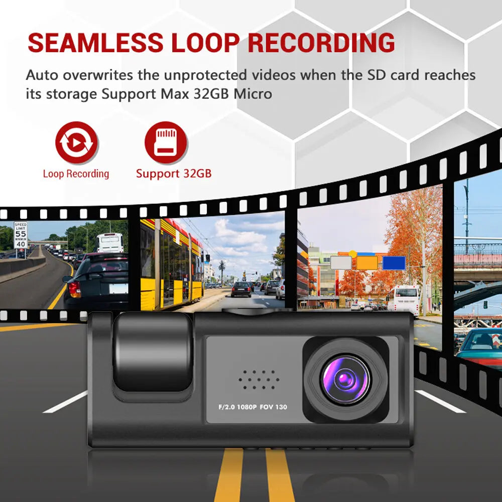 1080P 3-Camera Dash Cam – Front, Interior & Rear DVR with IR Night Vision, 2" IPS Screen & Loop Recording