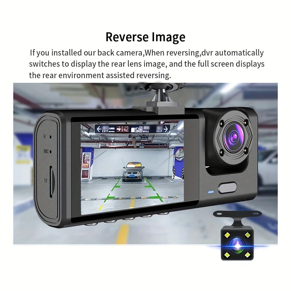 1080P 3-Camera Dash Cam – Front, Interior & Rear DVR with IR Night Vision, 2" IPS Screen & Loop Recording