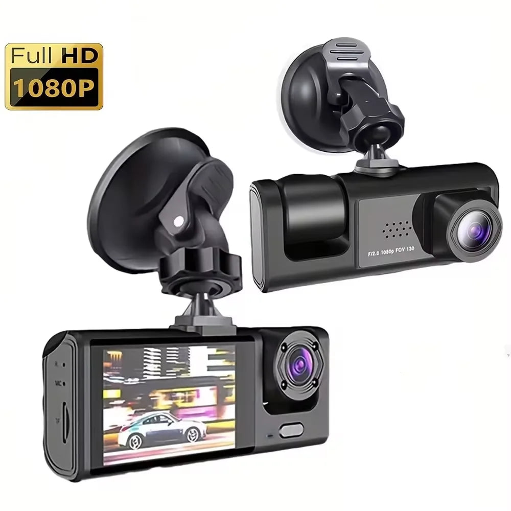 1080P 3-Camera Dash Cam – Front, Interior & Rear DVR with IR Night Vision, 2" IPS Screen & Loop Recording